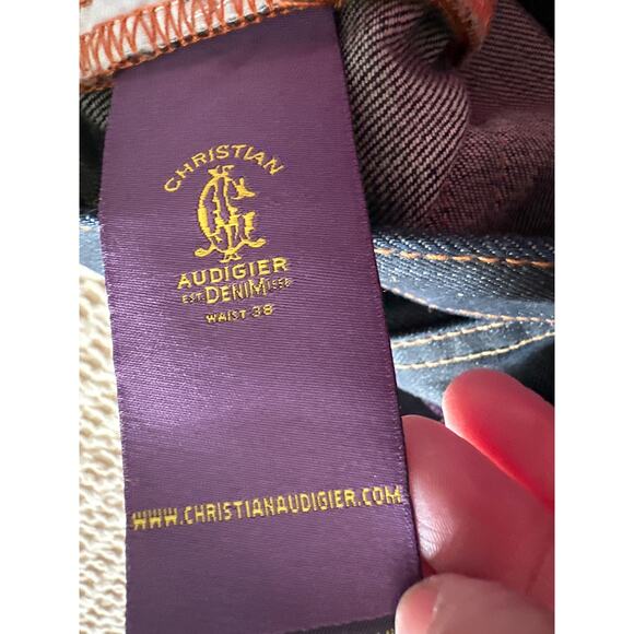 Vintage VTG Christian Audigier Embroidered Buddha Dark Denim Shorts 37" waist - Picture 6 of 7